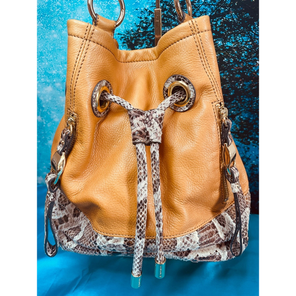 B Makowsky Tan Leather Bucket Bag Alligator Trim & Leopard Lining Ex Condition - Picture 2 of 16